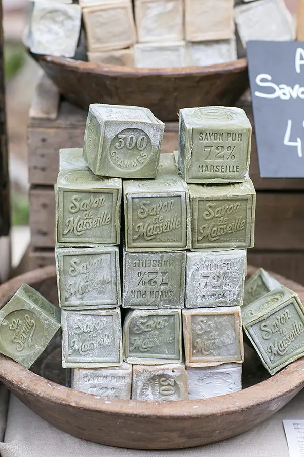 Stack of pale green cubes of Marseille olive oil soap (Savon de Marseille).