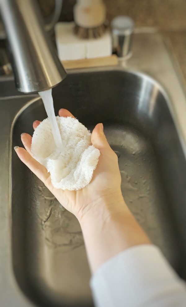 Hand holding a single-layer loofah under flowing tap water in kitchen sink.