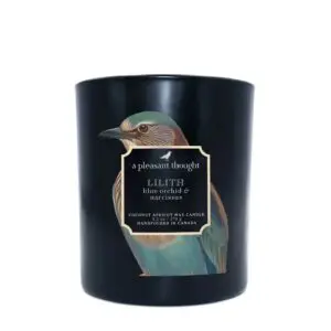 Black candle from a collection of black candles with the label "Lilith" over an image of a bluish green and brown bird.