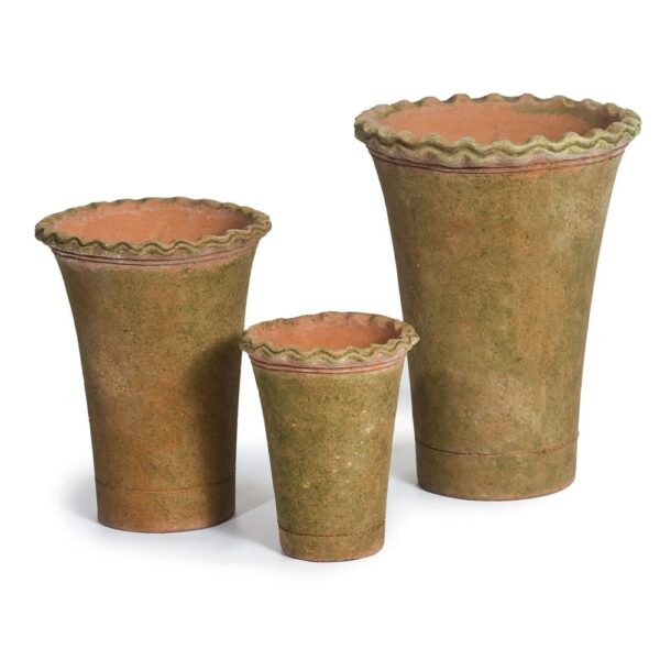 Three tall terracotta planters with a greenish, aged patina and a wavy upper rim resembling the edge of a pie crust.