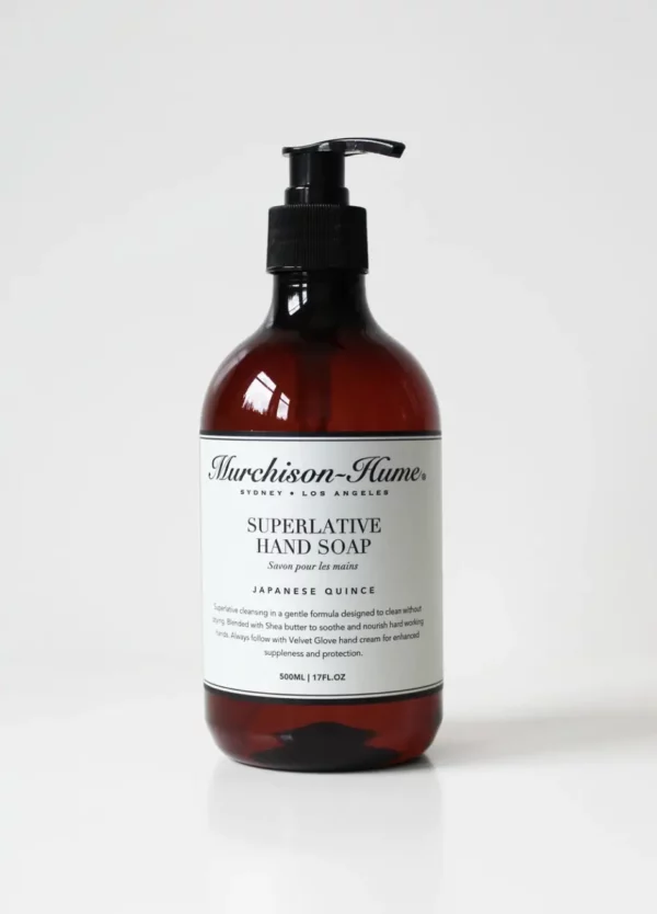 Murchison-Hume hand soap in an amber jar with a black pump. Fragrance is Lemon Myrtle