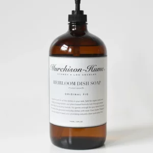 Heirloom dish soap in a glass amber jar with pump. White Murchison-Hume label. Australian white grapefruit scent.