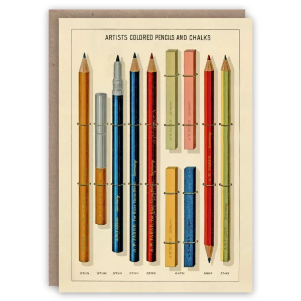 Greeting card with vintage illustration of colourful art pencils.Colour illustration adapted from a.w. Faber’s 1897 stationery catalogue.