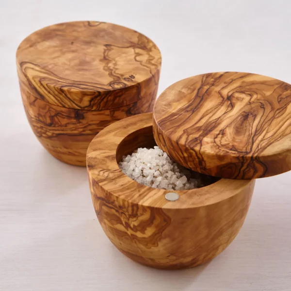 round wooden salt cellars open and closed