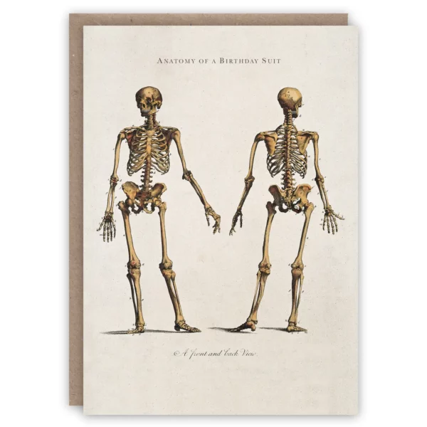 Greeting card showing a vintage illustration of the front and back view of two human skeletons. Card reads "Anatomy of a birthday suit" Adapted from ‘human skeleton: front and back views.’ coloured line engraving by j. Pass, 1796. Wellcome collection.
