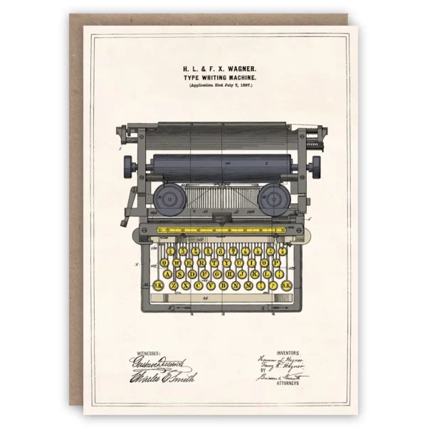 A greeting card with a vintage illustration of a typewriter. Adapted from us patent application filed in july 1897. Manufactured by the underwood typewriter company, franz wagner’s design was the first widely available machine that employed a ‘front strike’ of the typebars, allowing the letters to be seen as they are being typed.