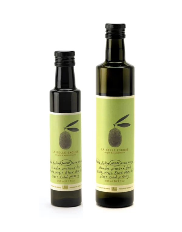 Black olive oil from La Belle Excuse in the 250ml and 500ml size dark glass bottles.