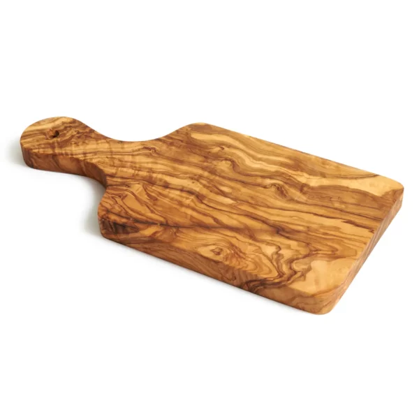 A sturdy, paddle-shaped cutting board made of natural olive wood with a high-contrast swirling grain. Has a hole in the end of the handle.