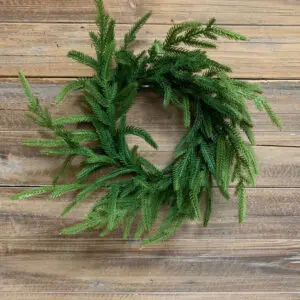 Circular, irregular, organically-shaped wreath of imitation Norfolk Pine.