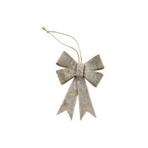 A rustic, weathered bow made of metal is depicted, featuring a textured surface with a mix of gray and brown tones. The bow has two wide loops at the top and two elongated tails that taper to points. A piece of twine is attached at the top for hanging, enhancing its vintage charm. The background is plain white, emphasizing the bow's details.