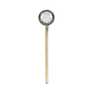 A long, slender spoon with a round, shallow bowl featuring multiple small holes. The bowl has a shiny metallic finish, while the handle has a textured, ribbed design, giving it an elegant appearance. This utensil is likely designed for serving or straining food.