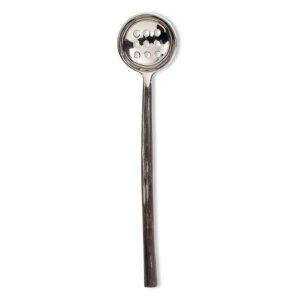 A long-handled slotted spoon made of shiny metal. The spoon's bowl is round with several holes, allowing liquid to drain while retaining solid food. The handle is straight and slender, providing a comfortable grip for serving or cooking.