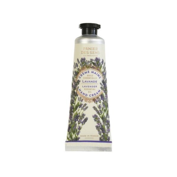 A metal tube of hand cream with a lavender theme. The design features illustrations of lavender flowers and includes text in both French and English, stating "Crème Mains" and "Lavender Essential Oil Hand Cream." The tube has a black cap and a silver base, with a decorative label that highlights its lavender scent. The product is noted to be made in France.