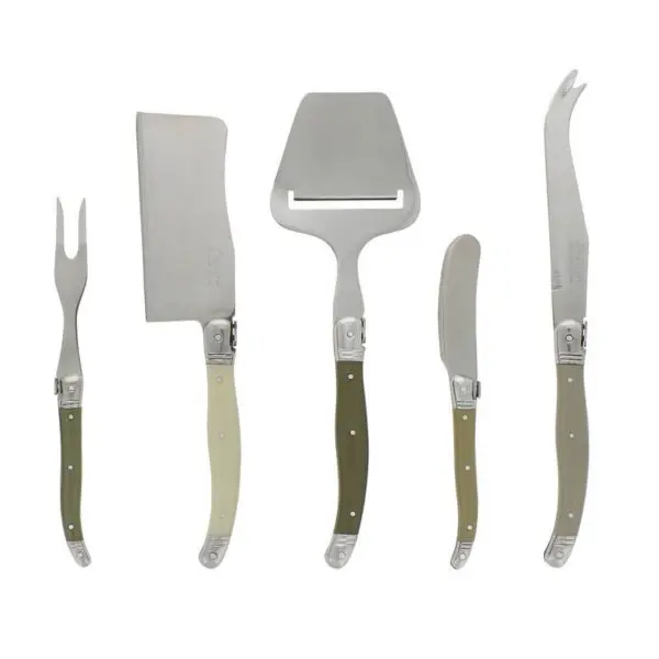 A set of five cheese knives is displayed, each featuring stainless steel blades and handles in varying shades of green and cream. The tools include a fork with two prongs, a flat cleaver-style knife, a spatula with a wide blade, a curved knife, and a spreader. Each knife has a polished finish and is designed for different cheese types and serving styles.