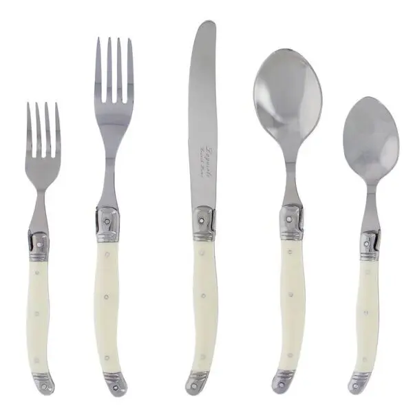 A set of five pieces of cutlery is displayed, featuring a fork, knife, and three types of spoons. The utensils have shiny stainless steel blades and prongs, complemented by handles that are smooth and cream-colored, likely made of a durable material. The knife is slightly longer and has a straight edge, while the forks have three and four tines respectively. The spoons vary in size, with one being larger than the others. The overall design is elegant and classic, suitable for formal dining.