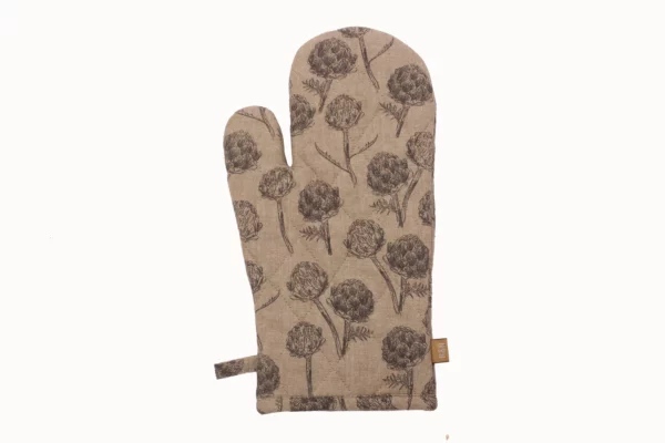 A textured oven mitt featuring a floral design with dark outlines of flowers on a beige background. The mitt has a thumb and a loop for hanging. The fabric appears to be quilted for insulation and protection while handling hot items.