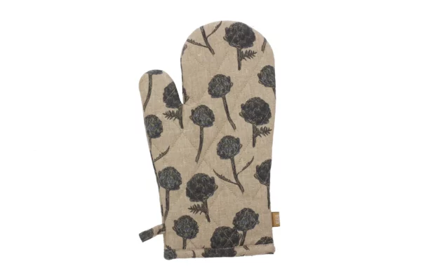 A quilted oven mitt featuring a beige background adorned with a floral pattern. The design includes dark-colored flowers with stems and leaves, creating a stylish and functional kitchen accessory. The mitt has a loop for hanging and is designed to protect hands from heat.