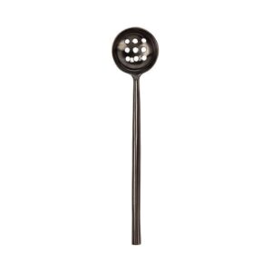 A long-handled slotted spoon with a round head featuring several holes. The spoon has a sleek, metallic finish, likely made of stainless steel or a similar material, and is designed for draining liquids from food while serving. The handle is straight and extends down from the rounded head.