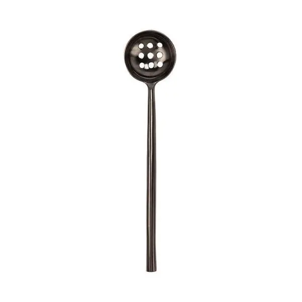 A long-handled slotted spoon with a round head featuring several holes. The spoon has a sleek, metallic finish, likely made of stainless steel or a similar material, and is designed for draining liquids from food while serving. The handle is straight and extends down from the rounded head.