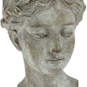 A decorative planter shaped like a human head, featuring a smooth, pale gray finish. The head has a serene expression with closed eyes and slightly parted lips. It is adorned with a crown of leaves, adding a natural element to the design. The base is rounded and sturdy, suitable for holding plants or flowers. The overall style suggests a classical or artistic influence.