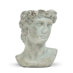 A marble bust of a young man with wavy hair, styled in a classical manner. The sculpture features detailed facial features, including prominent cheekbones and a serene expression. The surface shows a weathered texture, suggesting age, with subtle variations in color. The bust is mounted on a slightly rounded base, emphasizing the head and shoulders.