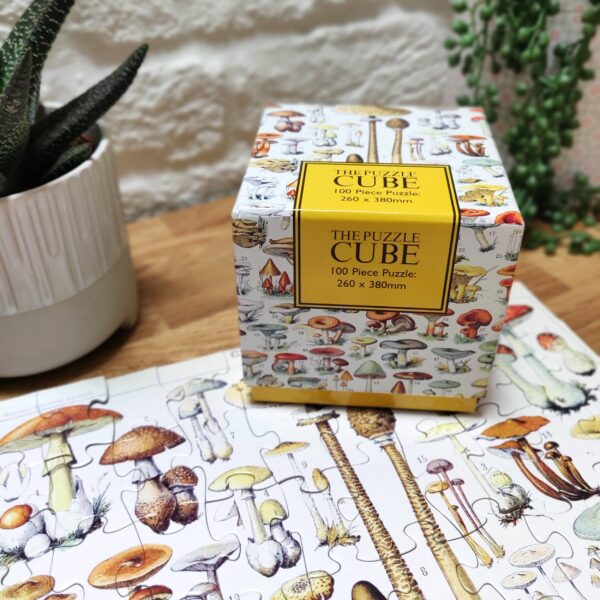 A colorful cube-shaped puzzle box is prominently displayed, featuring a whimsical design of various mushrooms and fungi. The box is labeled "THE PUZZLE CUBE" and indicates it contains a 100-piece puzzle measuring 260 x 380mm. In front of the box, a partially completed puzzle shows detailed illustrations of different mushroom species. A small potted plant with long, pointed leaves is visible in the background, adding a touch of greenery to the scene. The surface beneath the items is wooden, creating a warm, inviting atmosphere.