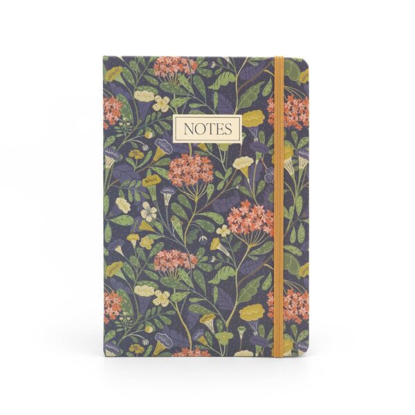 A notebook with a floral design featuring a variety of colorful flowers and green leaves against a dark background. The cover includes a rectangular label that reads "NOTES" in a simple font. An elastic band in a warm tone secures the notebook. The overall aesthetic is vibrant and nature-inspired.
