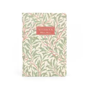 A notebook with a decorative cover featuring a pattern of green leaves and coral branches on a cream background. The front has a rectangular label in coral that reads "NOTEBOOK" and "William Morris" in a smaller font below. The overall design is elegant and botanical.