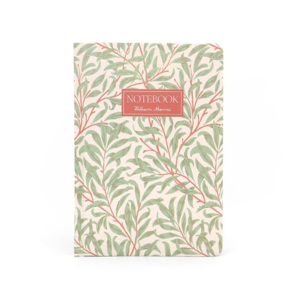 A notebook with a decorative cover featuring a pattern of green leaves and coral branches on a cream background. The front has a rectangular label in coral that reads "NOTEBOOK" and "William Morris" in a smaller font below. The overall design is elegant and botanical.