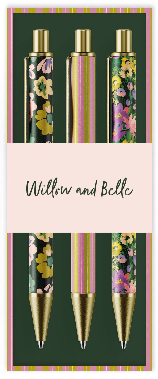 Three decorative pens are displayed against a dark green background. The first pen features a floral design with pink, yellow, and green hues. The second pen has a striped pattern in pink and green. The third pen showcases another floral design with vibrant colors. Each pen has a gold clip and tip, adding a touch of elegance. Below the pens, the text "Willow and Belle" is presented in a stylish font on a soft pink background.
