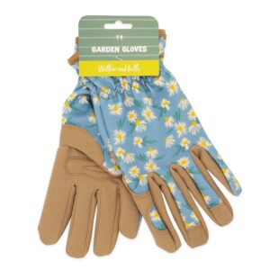 A pair of garden gloves featuring a light blue fabric adorned with a floral pattern of white daisies and yellow accents. The palms and fingers are made of a tan material, providing durability and grip. The gloves are gathered at the wrist for a snug fit and are displayed with a tag that reads "Garden Gloves" along with the brand name "Willow and Belle.