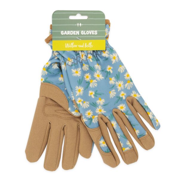 A pair of garden gloves featuring a light blue fabric adorned with a floral pattern of white daisies and yellow accents. The palms and fingers are made of a tan material, providing durability and grip. The gloves are gathered at the wrist for a snug fit and are displayed with a tag that reads "Garden Gloves" along with the brand name "Willow and Belle.