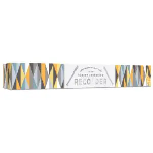 A colorful packaging box for a recorder, featuring a geometric pattern with triangles in shades of blue, yellow, gray, and brown. The front displays the text "ROBERT FREDERICK RECORDER" in a bold font, accompanied by illustrations of recorders. The box also includes the phrase "PURVEYORS OF HIGH QUALITY GAMES" and indicates that the product is suitable for ages 5 and up.