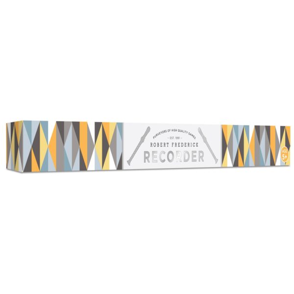 A colorful packaging box for a recorder, featuring a geometric pattern with triangles in shades of blue, yellow, gray, and brown. The front displays the text "ROBERT FREDERICK RECORDER" in a bold font, accompanied by illustrations of recorders. The box also includes the phrase "PURVEYORS OF HIGH QUALITY GAMES" and indicates that the product is suitable for ages 5 and up.
