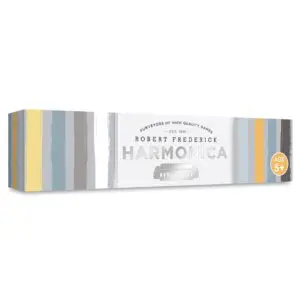 A rectangular box featuring a colorful striped design in shades of yellow, gray, blue, and white. The front displays the text "ROBERT FREDERICK HARMONICA" in a bold font, along with the phrase "PURVEYORS OF HIGH QUALITY GAMES" and "EST. 1991." An illustration of a harmonica is also included, and the box indicates it is suitable for ages 5 and up.