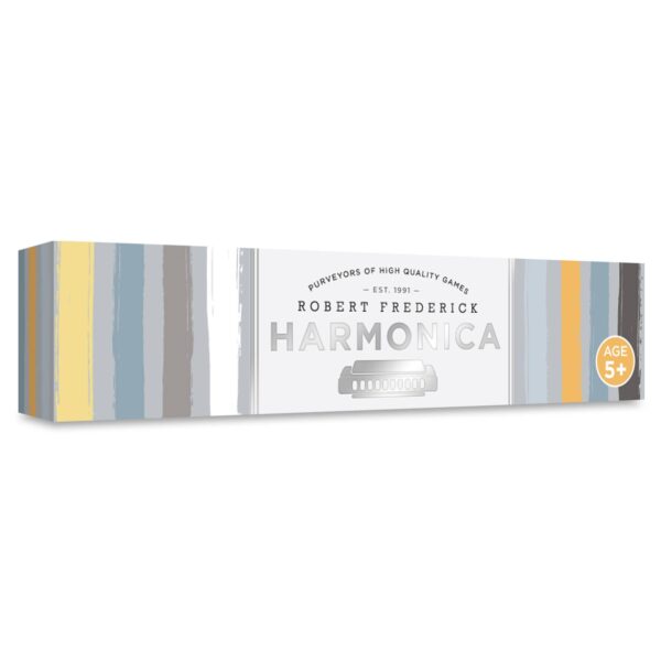 A rectangular box featuring a colorful striped design in shades of yellow, gray, blue, and white. The front displays the text "ROBERT FREDERICK HARMONICA" in a bold font, along with the phrase "PURVEYORS OF HIGH QUALITY GAMES" and "EST. 1991." An illustration of a harmonica is also included, and the box indicates it is suitable for ages 5 and up.