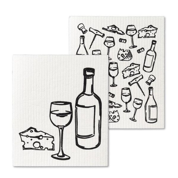 Two decorative napkins are displayed. One features a simple illustration of a wine bottle, a wine glass, and a piece of cheese, all outlined in black on a white background. The second napkin has a repeating pattern of various wine-related items, including wine glasses, cheese, corks, and a corkscrew, also in black outline on a white background.