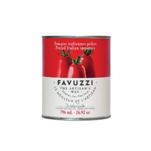 A cylindrical can of peeled Italian tomatoes, featuring a bright red label adorned with three tomatoes at the top. The brand name "Favuzzi" is prominently displayed, along with the phrase "THE ARTISAN'S WAY." Below, the can indicates a volume of 796 mL (26.92 oz) and includes text in both English and French. The design emphasizes a rustic, artisanal quality.
