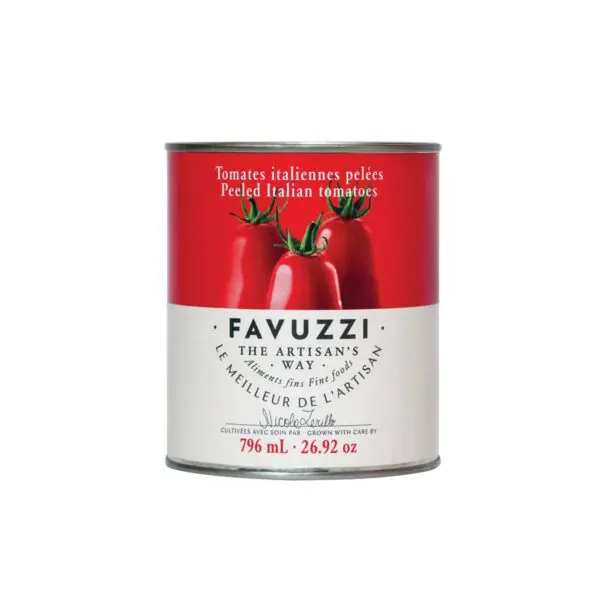 A cylindrical can of peeled Italian tomatoes, featuring a bright red label adorned with three tomatoes at the top. The brand name "Favuzzi" is prominently displayed, along with the phrase "THE ARTISAN'S WAY." Below, the can indicates a volume of 796 mL (26.92 oz) and includes text in both English and French. The design emphasizes a rustic, artisanal quality.
