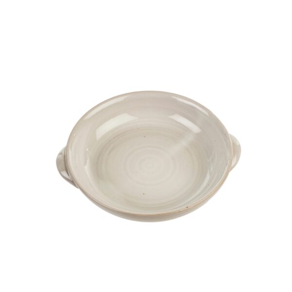 A round, shallow ceramic dish with a smooth, glossy surface. The dish is light-colored, featuring a subtle off-white or cream hue. It has two small handles on opposite sides for easy lifting. The interior displays a faint spiral pattern, adding a touch of texture to its otherwise simple design.
