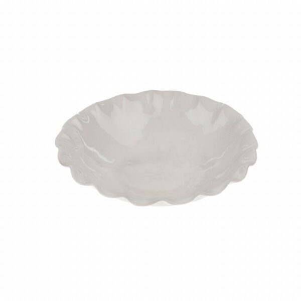 A white, scalloped-edge bowl is displayed. The bowl has a smooth, glossy finish and a shallow depth, making it suitable for serving or decorative purposes. The edges are wavy, adding an elegant touch to its design.