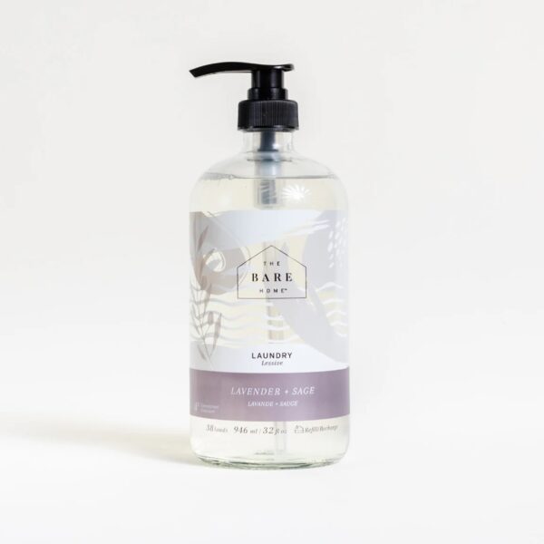 A clear plastic bottle with a pump dispenser contains laundry detergent labeled "Lavender + Sage." The bottle features a minimalist design with a white background and decorative elements in soft colors. The label indicates it holds 32 fluid ounces (946 ml) and is suitable for 38 loads of laundry. The brand name "The Bare Home" is prominently displayed at the top.