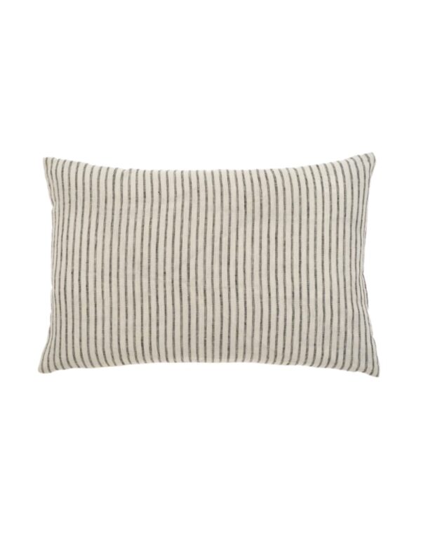 A rectangular pillow featuring a textured fabric with alternating thin black and white stripes. The stripes run vertically across the surface, creating a simple yet modern design. The edges of the pillow are slightly rounded, giving it a soft appearance.